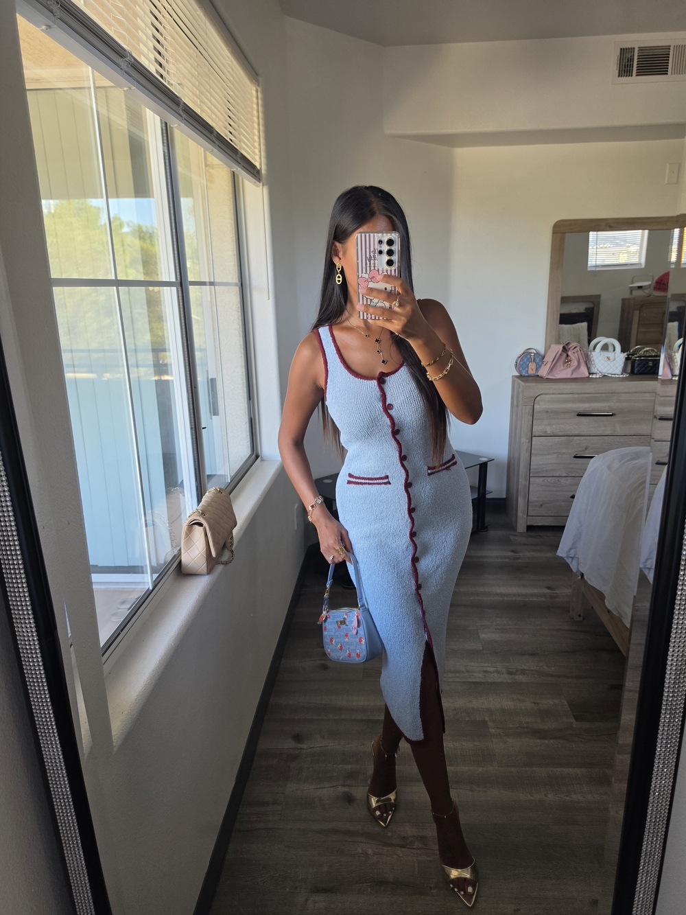 Light Blue Knit Midi Dress with Burgundy Trim Stretchy - Picture 17 of 17